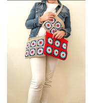 El Yapımı Kare Motifli Örgü Bej Çanta, Pamuklu & Astarlı El Yapımı Clutch,  Ayarlanabilir Askılı Motifli Çantalar, Çiçekli Örgü Çanta (Kırmızı)