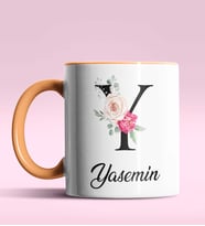 Kişiye Özel Y Harfi Temalı Gül Tasarım Siyah Renk Kupa (Turuncu)