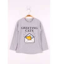 Toontoy Kız Çocuk Kedi Baskılı T-Shirt ( Gri-Melanj)