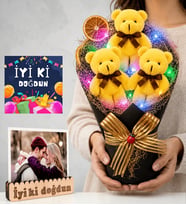 Doğum Günü Hediyesi Kişiye Özel Fotoğraflı Renkli LED Işıklı Peluş Ayıcık Buketi (Sarı)