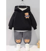 Toy Ayı Görselli Kapşonlu Zarif Bebek Takım (Siyah)
