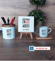Abiye Hediye Hediye Seti Dekoratif Taş, Kalemlik, Ahşap Altlıklı Türk Kahvesi Fincanı Hediye (Model 1)