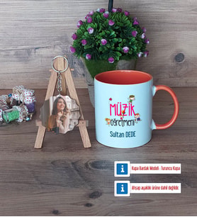 Müzik Öğretmeni Kupa Bardak Beyaz ve Fotoğraflı Ahşap Anahtarlık Hediye (Model 13)