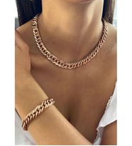 2 Renk Seçenekli Kalın Küba Zincir %100 Çelik Kolye Ve Bileklik Set (Rose)