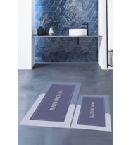 EVDEYA Baskılı Yıkanabilir Bathroom Yazılı Banyo Paspası Klozet Takımı, KLOZET-2-KAHVERENGİ, (Mavi)