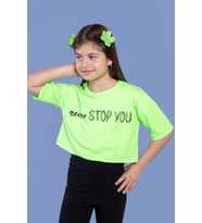 Toontoy Kız Çocuk Baskılı Düşük Kol Crop Tişört (Neon Yeşil)