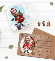 BK Gift Kişiye Özel Mutlu Yıllar Karikatürlü Kupa Bardak ve Retro Ahşap Yılbaşı Tebrik Kartı Hediye Seti-3 (Mavi)