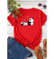 Unisex Uykucu Panda Baskılı Tasarım Tshirt (Kırmızı)