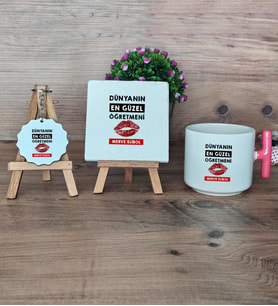 Dünyanın En Güzel Öğretmeni Hediye Seti Kupa Bardak T Kulplu, Dekoratif Taş, Anahtarlık Öğretmenler Günü Hediyesi (Model 4)