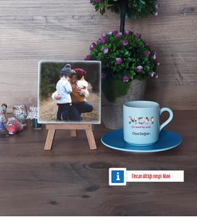 Anneye Hediye Fotoğraflı Dekoratif Taş, Ahşap Altlıklı Türk Kahvesi Fincanı Hediye (Model 5)