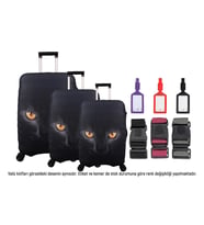 Bagacar Kalp 3lü Set Valiz Kılıfı, 3 lü Valiz Kemeri, 3lü Valiz Etiketi (Siyah - Açık Gri)