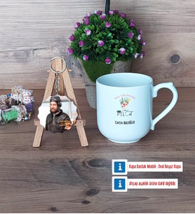 Pilot Kupa Bardak Beyaz ve Fotoğraflı Ahşap Anahtarlık Hediye (Model 5)