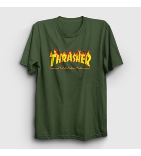 Presmono Unisex Beyaz Logo Thrasher T-Shirt 277580tt (Haki)
