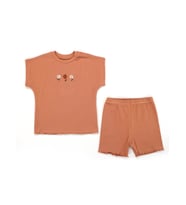 KD43018 Kaşkorse Nakışlı Tişört Şort Takım 6-9/9-12/18-24/24-36AY (Camel)