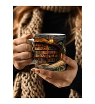 Mağara Ve Ağaç İçi Kitaplık Kütüphane Baskılı 3D Tasarım Seramik Kupa Mug - Hediyelik (02)