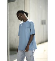 Oversize Pamuklu Bisiklet Yaka Cepli Likralı Erkek Yazlık T-shirt (Mavi)