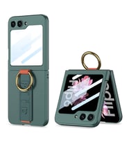 Samsung Galaxy Z Flip 6 Kılıf Kamera Korumalı Yüzüklü Karbon Tasarımlı Flip Ring (Gri - Yeşil)