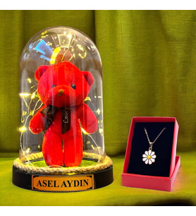 Kişiye Özel Peluş Ayıcıklı Büyük Boy Fanus, Led Işıklı ve Papatya Kolyeli Hediye Seti M1 (Kırmızı)