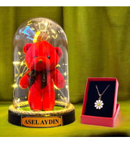 Kişiye Özel Peluş Ayıcıklı Büyük Boy Fanus, Led Işıklı ve Papatya Kolyeli Hediye Seti M1 (Kırmızı)