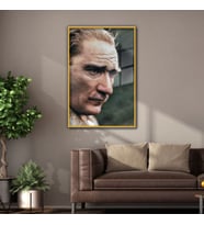 Metal Çerçeveli Cam Tablo Yeşil Atatürk Portresi (Gold)