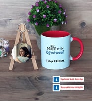 Matematik Öğretmeni Kupa Bardak Beyaz ve Fotoğraflı Ahşap Anahtarlık Hediye Matematik Öğretmenine Hediye (Model 2)