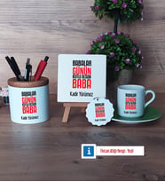 Babalar Günü Hediyesi Hediye Seti Dekoratif Taş, Kalemlik, Ahşap Altlıklı Türk Kahvesi Fincanı, Ahşap Anahtarlık Hediye Babaya Hediye (Model 9)