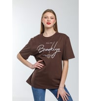 Kadın Bisiklet Yaka Oversize Fit  Tişort SPR24TSk110 (Kahverengi)