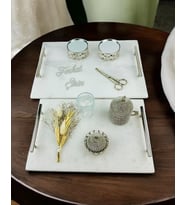 Gümüş Mermer Söz Tepsisi ve Damat Kahve Fincan Tepsisi (Beyaz)