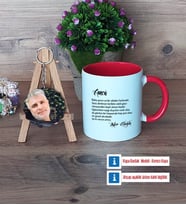 Amcaya Hediye Kupa Bardak Beyaz ve Fotoğraflı Ahşap Anahtarlık Hediye (Model 2)