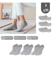 Unisex Düz Desen (3 ÇİFT) Pamuklu Terletmez Yazlık Görünmez Çorap Seti (Gri)