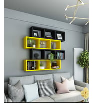Kitaplık Modern Duvar Rafı Salon Yatay 4 Lü Takım Sarı Beyaz (Siyah-Sarı)