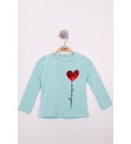 Toontoy Kız Çocuk Göğsü Pul Nakışlı T-Shirt (Mint Yeşili)