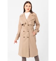 Pastelastore %100 Pamuk Gabardin Uzun (110cm) Astarlı Kemerli Kadın Trençkot 1111 (Bej-Bej)