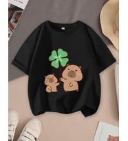 AMOR MAN ÖZEL TASARIM DÖRT YAPRAKLI ŞANS YONCASI BASKILI PAMUK OVERSİZE KADIN T-SHIRT (Siyah)