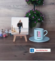 Teyzeye Hediye Fotoğraflı Dekoratif Taş, Ahşap Altlıklı Türk Kahvesi Fincanı Hediye (Model 2)