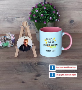 Doğum Günü Hediyesi Kupa Bardak Beyaz ve Fotoğraflı Ahşap Anahtarlık Hediye (Model 6)