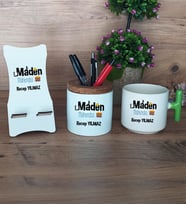Maden Mühendisi Hediye Sepeti Kupa Bardak T Kulplu, Kalemlik ve Ahşap Telefon Standı Mühendisler Günü Hediyesi (Model 8)