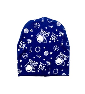Çift Katlı Penye İnterlok Bebek Çocuk Bere (Space Baskılı) (SAKS MAVI)