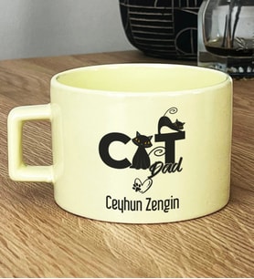 Kişiye Özel Cat Dad Hediye Pastel Fincan Kedi Babası -3- (Sarı)