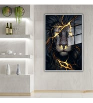 Metal Çerçeveli Cam Tablo Şimşekli Gold Aslan Portresi (Gümüş)