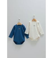 2'li Fitilli Uzun Kollu Çıtçıtlı Body (Ekru-Lacivert)