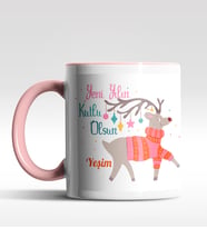 Kişiye Özel Yeni Yılın Kutlu Olsun Geyik Tasarımlı Siyah Kupa (Pembe)