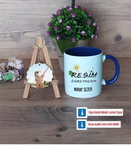 Resim Öğretmeni Kupa Bardak Beyaz ve Fotoğraflı Ahşap Anahtarlık Hediye (Model 3)