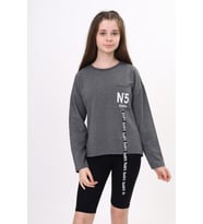 Toontoy Kız Çocuk Cep Üstü Baskılı Sweatshirt (Antrasit Melanj)
