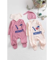 I Love Mummy Baskılı 2'li Uzun Kollu Kız/Erkek Bebek Tulum Takım (Pembe)