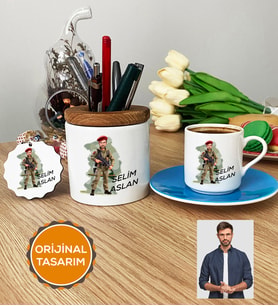 Kişiye Özel Karikatürlü Asker Hediye Seti Türk Kahvesi Fincanı, Kalemlik, Anahtarlık Askere Hediye Asker Sevgiliye Hediye (Mavi)