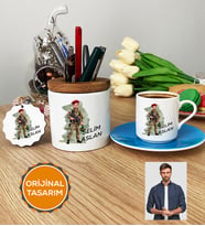 Kişiye Özel Karikatürlü Asker Hediye Seti Türk Kahvesi Fincanı, Kalemlik, Anahtarlık Askere Hediye Asker Sevgiliye Hediye (Mavi)