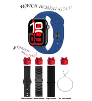 Samsung Galaxy M20 Uyumlu Açık Mavi Akıllı Saat Watch 10 Mini Kordon Hediyeli AMOLED EKRAN 41MM (Siyah-Mavi)