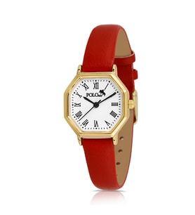 Polo Air Geometrik Kasa Deri Kordon Kadın Kol Saati  PL-1483Bx (Kırmızı-Altın)