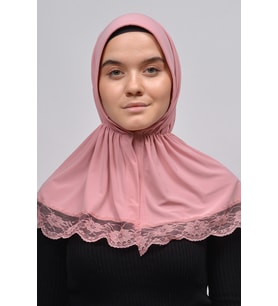 Dantelli Lastik Büzgülü Tela Bantlı Çıtçıtlı Hazır Türban Pratik Eşarp (Pembe)
